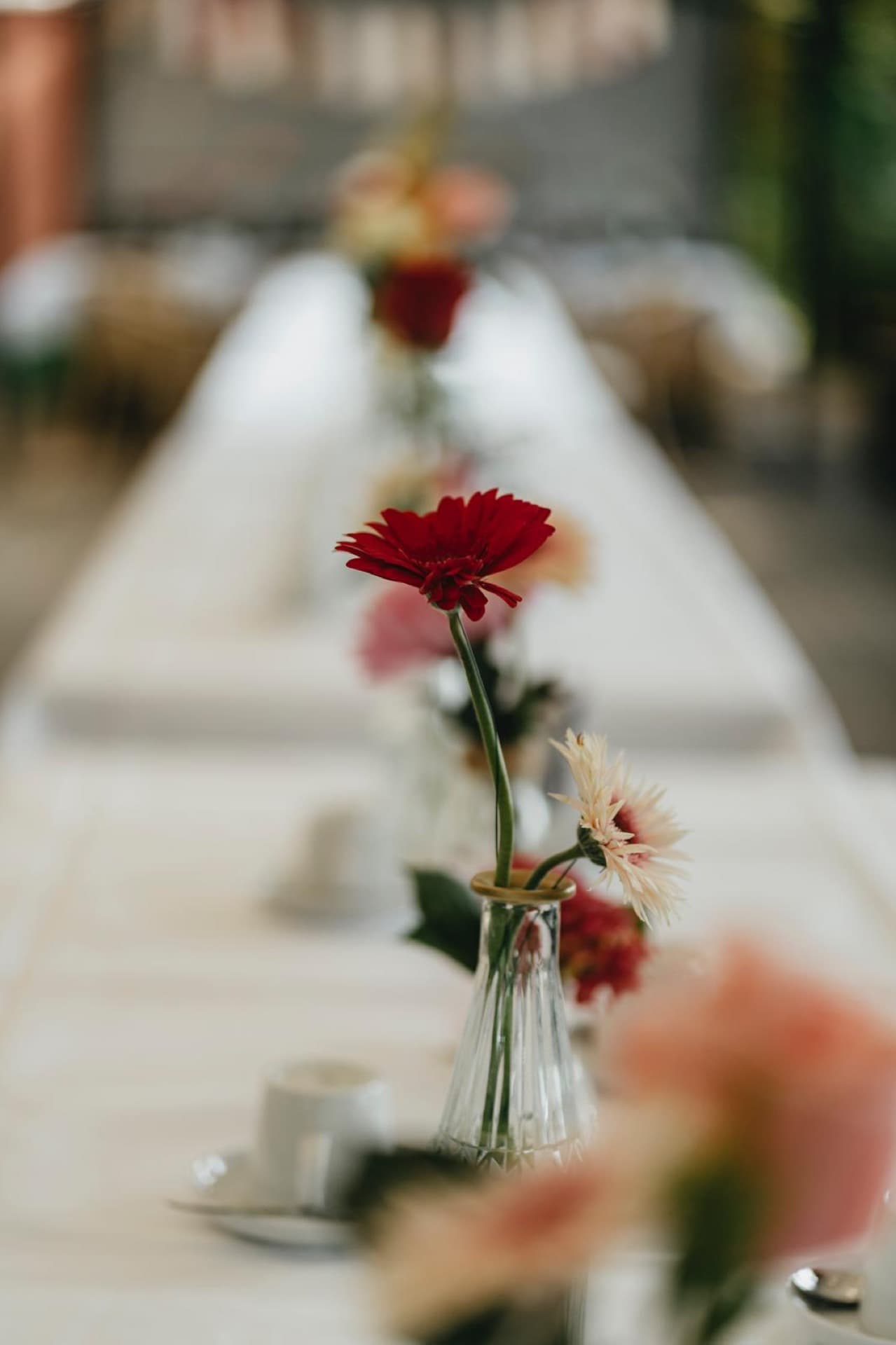 Festlich gedeckte lange Tafel mit Blumenschmuck